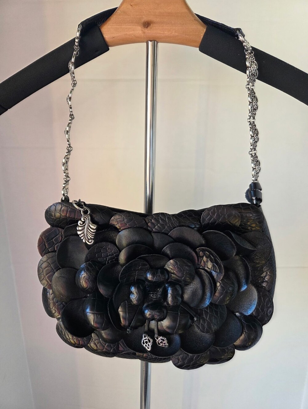 Brighton Rosalie Black Leather Flower Petal Shoulder Bag W/ Dust Bag Vintage